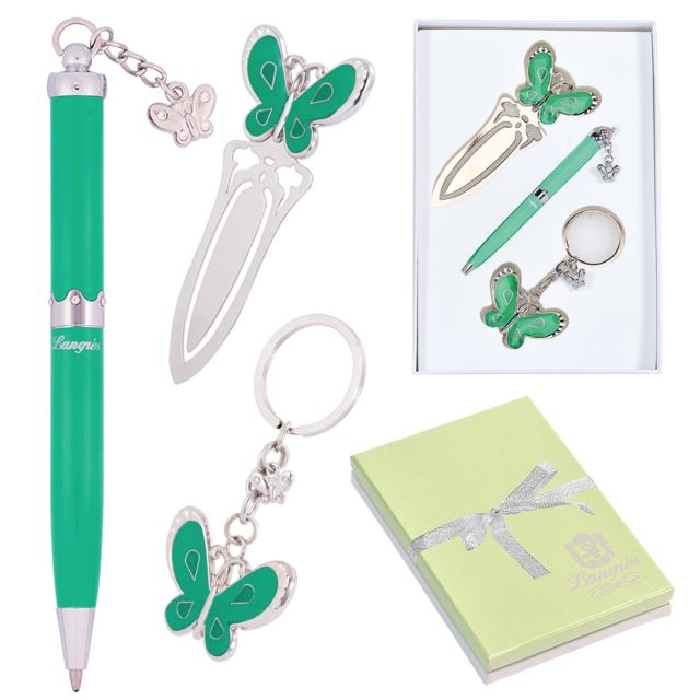 Набір подарунковий Langres "Fly" ручка кулькова + брелок + закладка для книг зелений