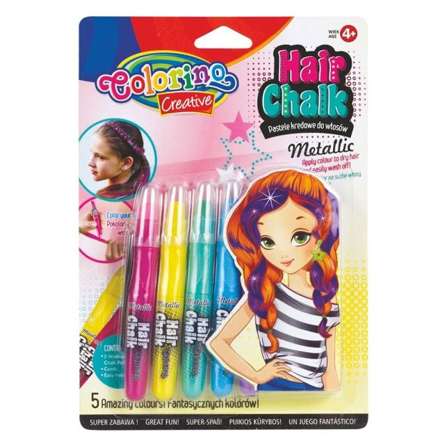 Крейда-олівець для волосся Colorino 5 кольорів металік + гребінець