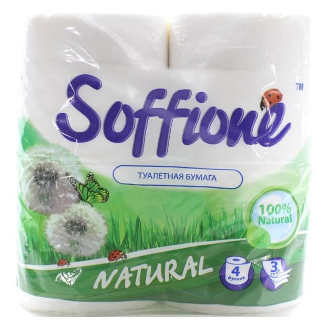 Туалетний папір Обухів Soffione Natural 4шт 3-шаровий білий целюлоза