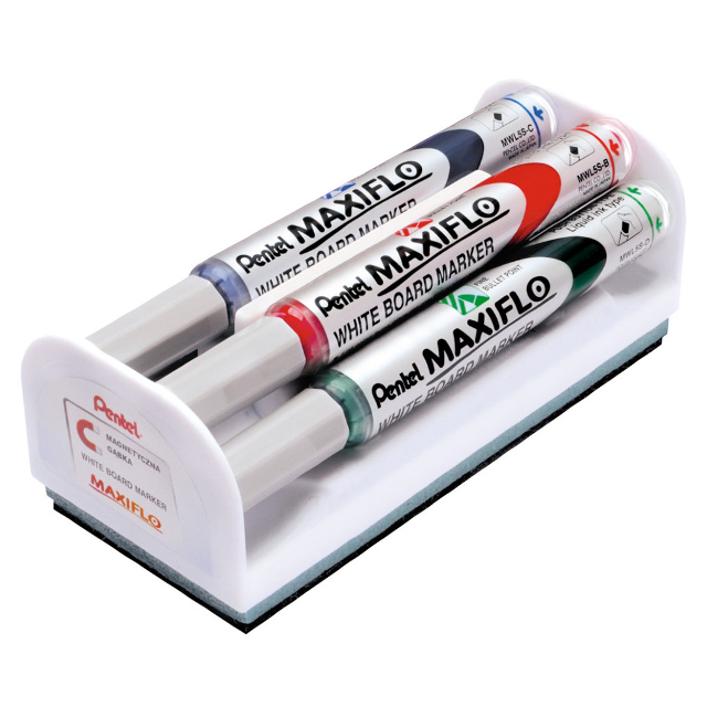 Набір маркерів для дошки Pentel Maxiflo F 4мм 4 кольори з системою підкачування чорнила + магнітна губка