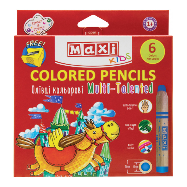 Набір кольорових олівців MAXI Multi-Talented 3 в 1 6 шт + чинка