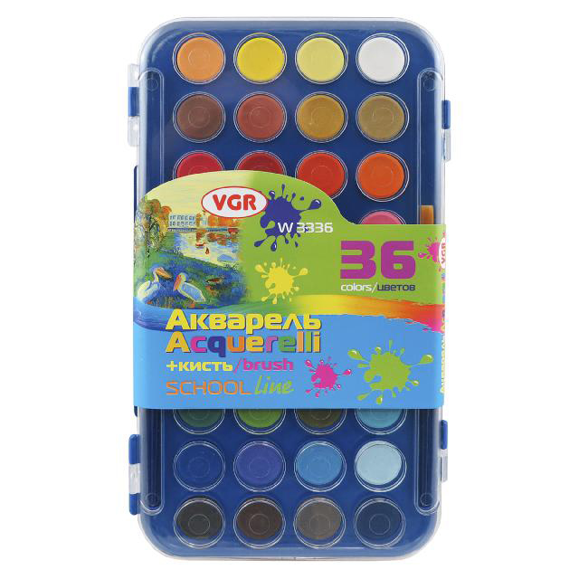 Фарби акварельні сухі VGR 36 кольорів круглі d-25мм + 2 пензлика