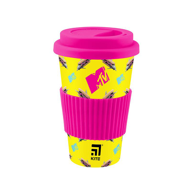 Стакан бамбуковий Kite MTV 440мл з силіконовою кришкою жовтий з рожевим