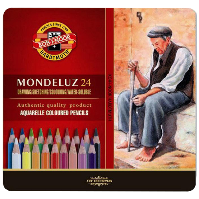 Набір кольорових акварельних олівців K-I-N Mondeluz 24 шт шестигранні в металевому пеналі