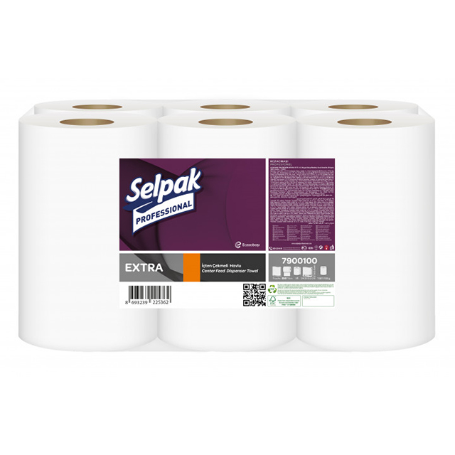 Рушники паперові в рулонах Selpak Professional Extra 6шт 1-но шарові 1000арк 250м білі з центр витягом (8690530876767)
