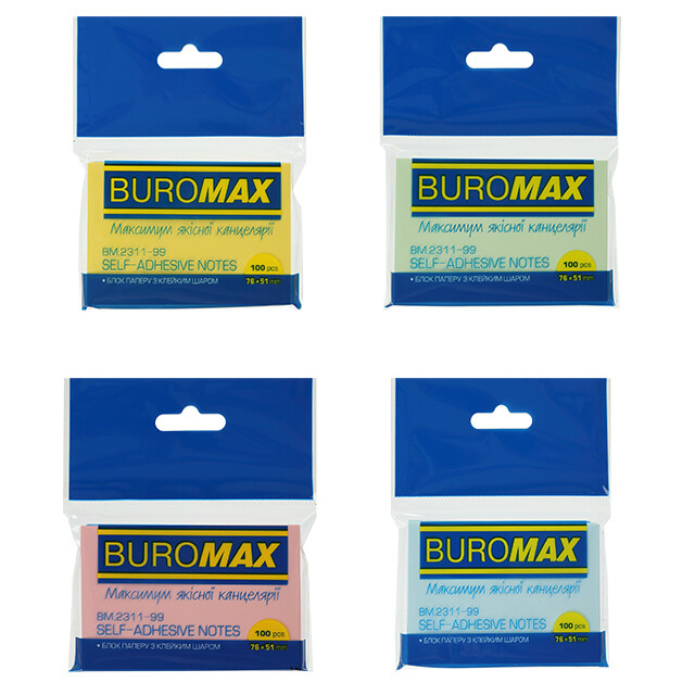 Папір для нотаток із липким шаром BuroMax 51х76 мм 100 аркушів пастель (BM.2311-99)