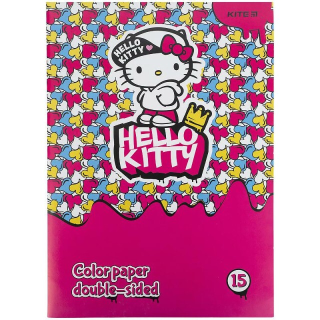 Папір кольоровий Kite Hello Kitty Кошенятко Кітті А4 80г/м2 двосторонній 15 кольорів 15 аркушів